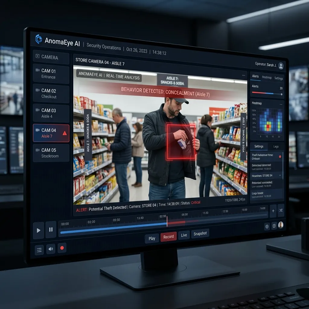 Illustrative concept image of a store camera view on a monitor. It is not a screenshot of AnomaEYE.